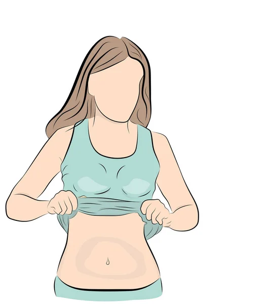 女の子は シャツを発生させます 胃を示しています 重量を失います スポーツをしています ベクトル図 — ストックベクタ