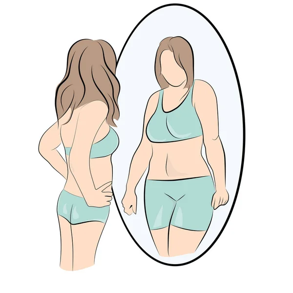 苗条的女孩看着镜子 看到自己胖 向量例证 — 图库矢量图片