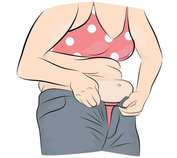 Fat Woman Trying Fasten Her Pants Weight Loss Concept Vector — Stock Vector