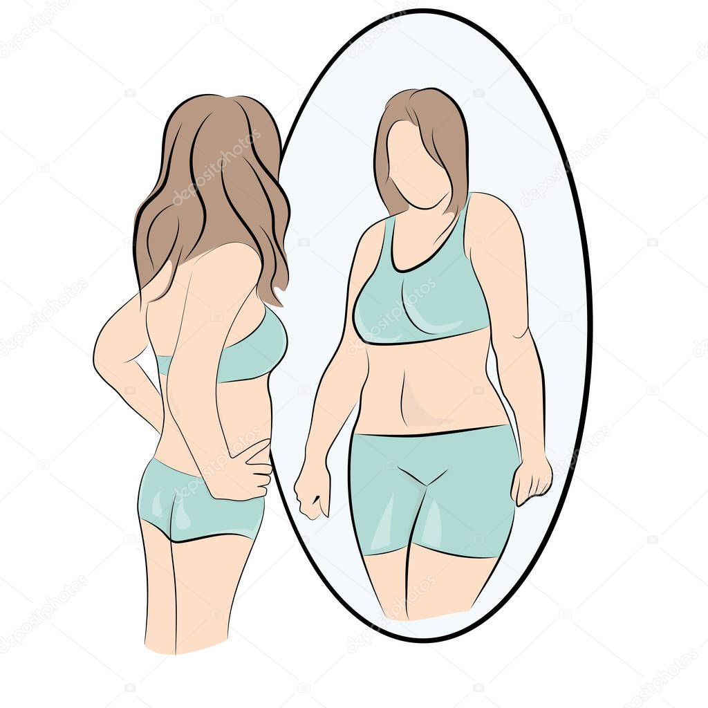 slim girl looks in the mirror and sees himself fat. vector illustration.