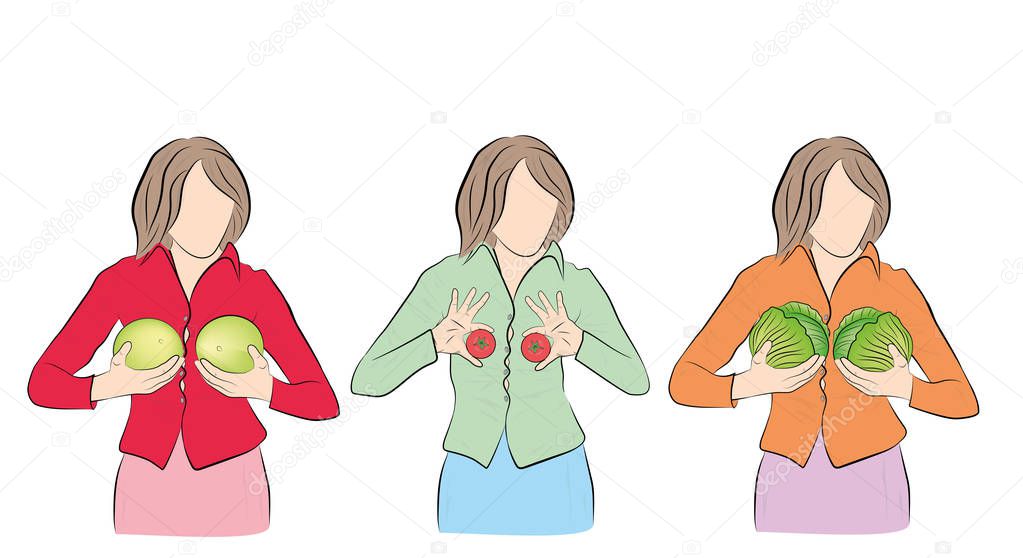 women hold fruits and vegetables in front of them. Concept silicone breast and plastic surgery. vector illustration.