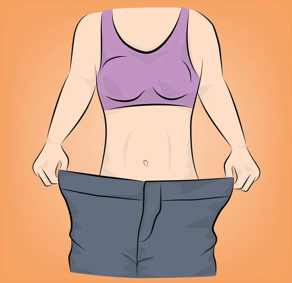 Chica Muestra Que Sus Pantalones Son Geniales Concepto Pérdida Peso — Vector de stock