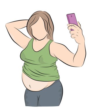 şişman kadın telefonda (selfie) poz. kilolu. obezite sorunu. ağırlık kaybetme. vektör çizim.