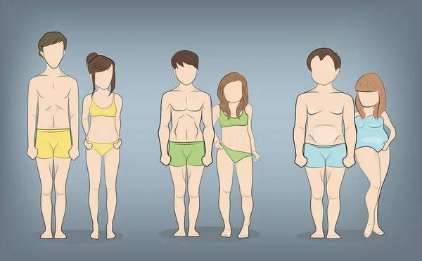 Erkek ve dişi vücut tipleri: Ectomorph, Mesomorph ve Endomorph. Sıska, kas ve yağ bodytypes. Fitness ve sağlık illüstrasyon.