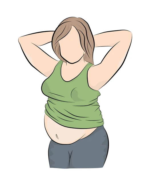 Fet Kvinna Poserar Problemet Med Fetma Att Förlora Vikt Vektorillustration — Stock vektor