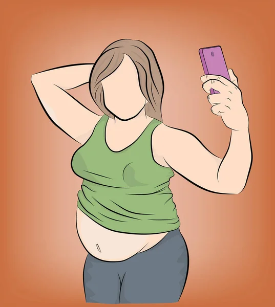 Grosse Femme Posant Téléphone Selfie Surpoids Problème Obésité Perdre Poids — Image vectorielle