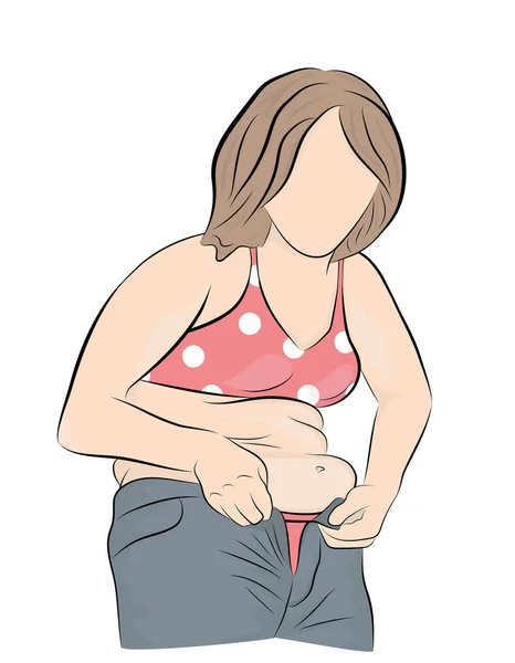 Mujer Gorda Tratando Sujetarse Los Pantalones Concepto Pérdida Peso Ilustración — Vector de stock