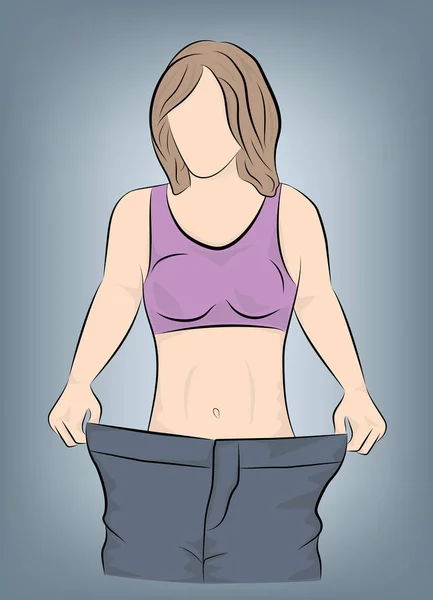 Chica Muestra Que Sus Pantalones Son Geniales Concepto Pérdida Peso — Vector de stock