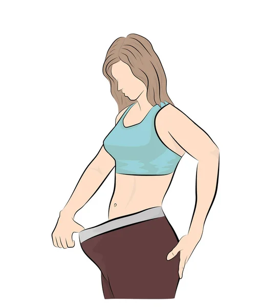 Chica Muestra Que Sus Pantalones Son Geniales Concepto Pérdida Peso — Vector de stock