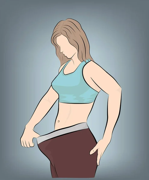 Chica Muestra Que Sus Pantalones Son Geniales Concepto Pérdida Peso — Vector de stock