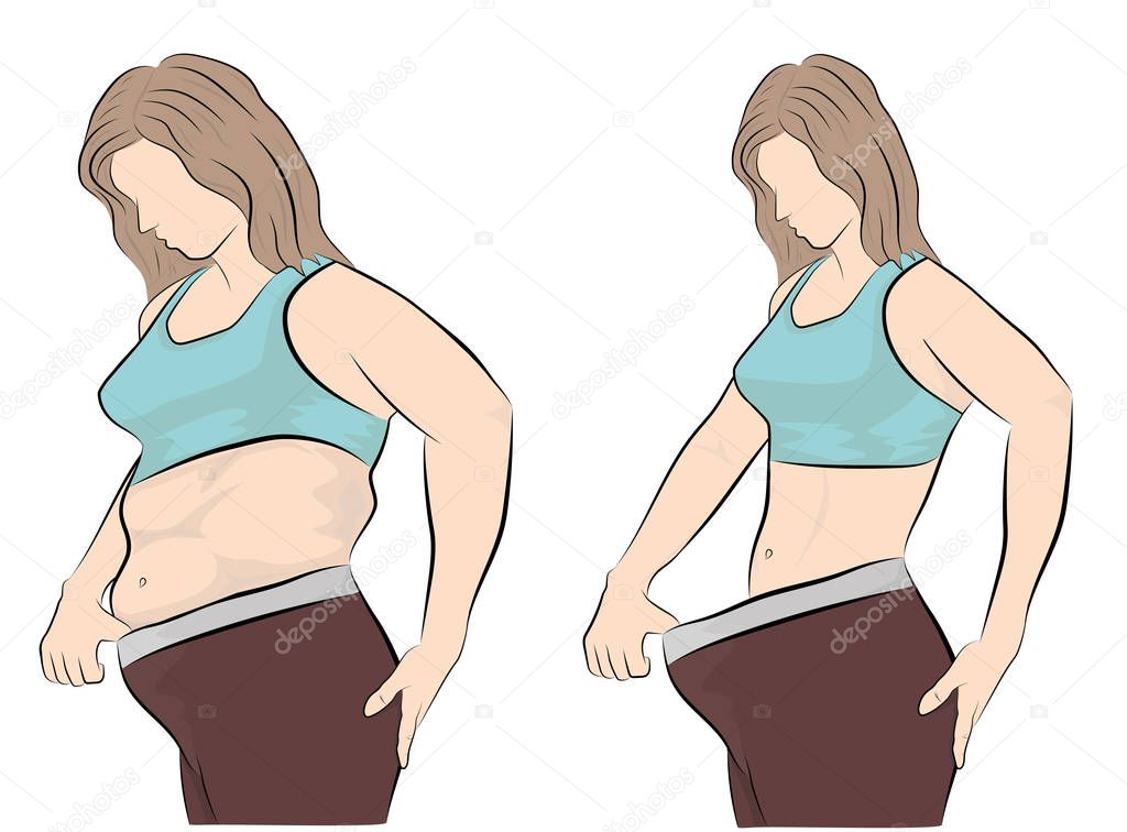Woman's body before and after weight loss. vector illustration.