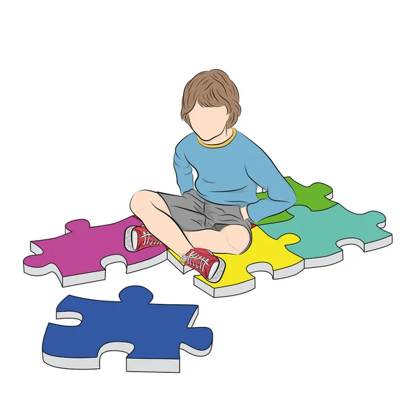 Ragazzo Siede Sui Puzzle Simbolo Dell Autismo Illustrazione Vettoriale — Vettoriale Stock