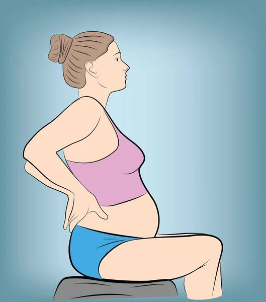 Kobieta Ciąży Siedzi Trzymając Powrotem Bóle Pleców Ilustracja Wektorowa — Wektor stockowy