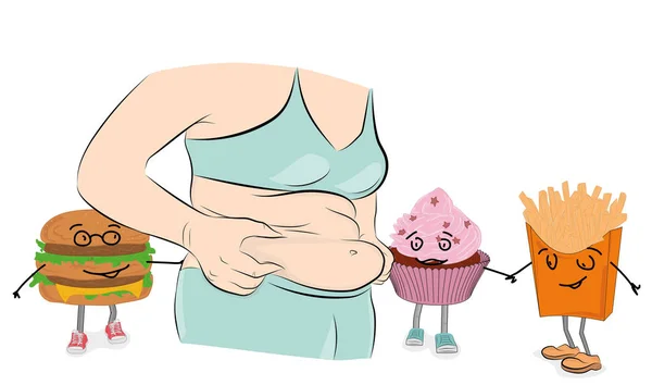 Dikke Vrouw Achtergrond Van Frietjes Hamburger Cupcake Vector Illustratie — Stockvector