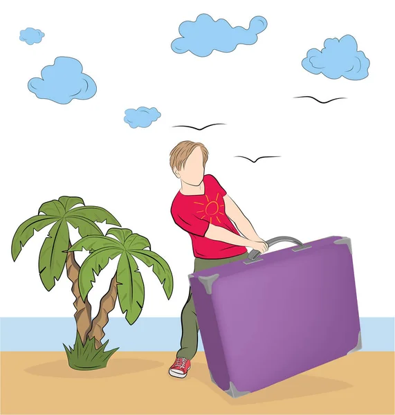 海とヤシの木を背景にスーツケースを持つ男 レジャーコンセプト ベクトルイラストレーション — ストックベクタ