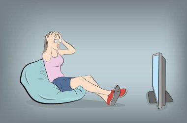 Televizyon izleyen bir kadın. Kafasını tutarak. Sahte haberler. vektör illüstrasyonu.
