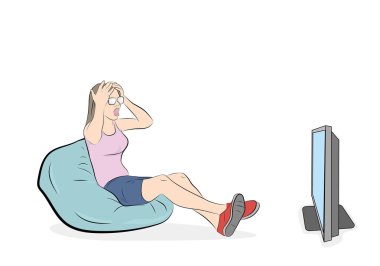 Televizyon izleyen bir kadın. Kafasını tutarak. Sahte haberler. vektör illüstrasyonu.