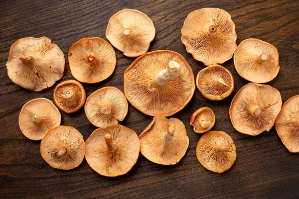 Grupp inverterad färsk rå ätlig svamp, Lactarius, på trä bakgrund. Ovanifrån, — Stockfoto