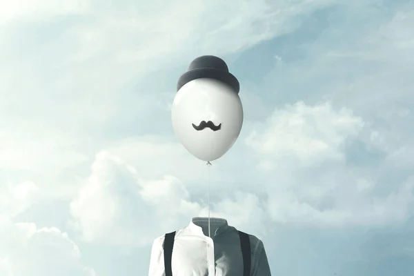 Surrealistyczne Człowiek Big Czarny Balonik Zawieszone Nad Głową — Zdjęcie stockowe