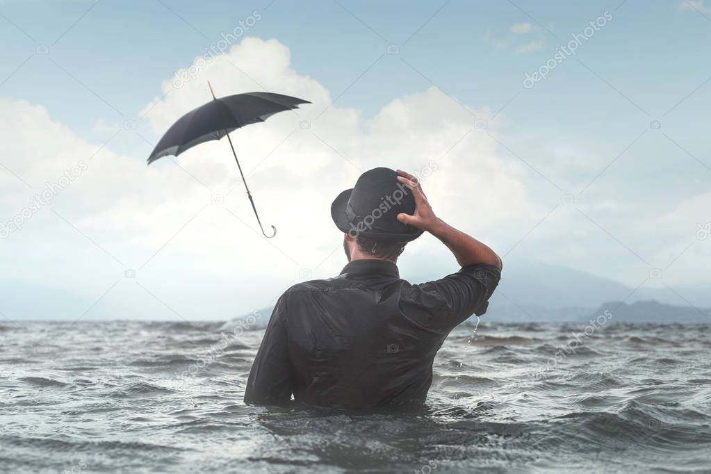 strong wind make umbrella fly surreal business bad luck concept