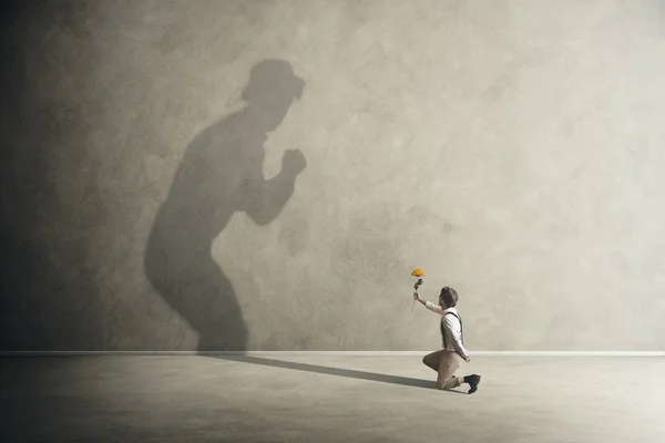 Man Knees Flowers Making Peace His Shadow — Stock Photo, Image