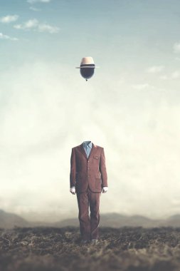 başının üzerinde askıya büyük siyah balon ile gerçeküstü minimalist adam