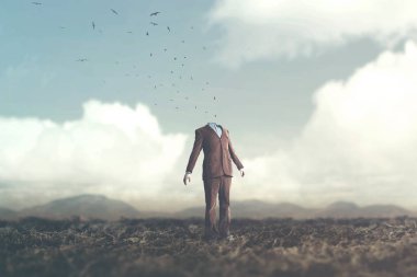birds flying out from man without head surreal concept clipart