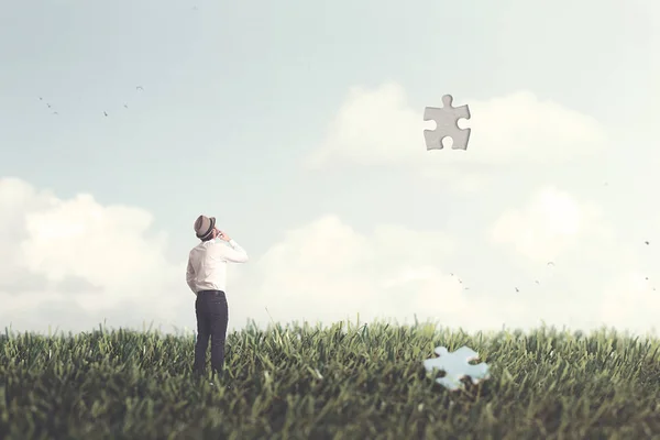 Man Observing Piece Sky Falled Grass Surrreal Concept — Stock Photo, Image