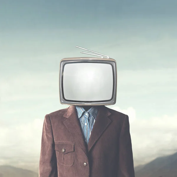 Surreal Süchtiger Mann Mit Fernseher Auf Dem Kopf — Stockfoto