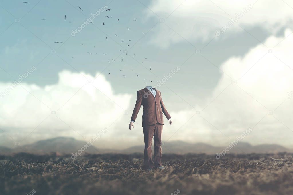 birds flying out from man without head surreal concept