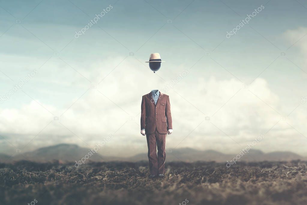 surreal minimalist man with big black balloon suspended over his head