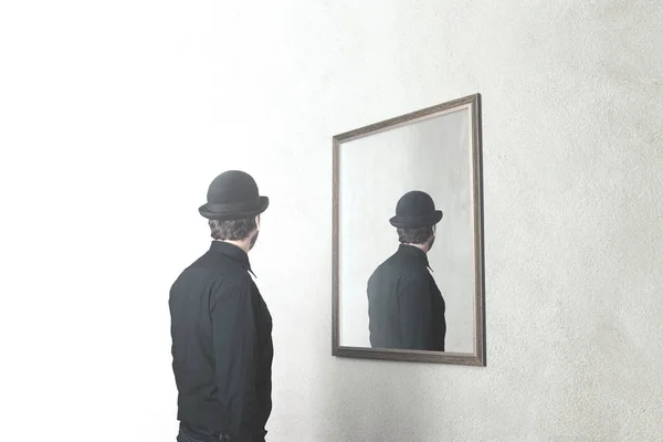 Man Front Mirror Reflect His Back Surreal Magritte Concept — Stock Photo, Image