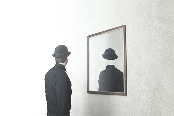 Identidade Ausência Conceito Surreal Homem Frente Espelho Refletindo Sem Rosto — Fotografia de Stock