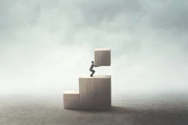 Man Carrying Wooden Block Build His Future — Stock Photo, Image