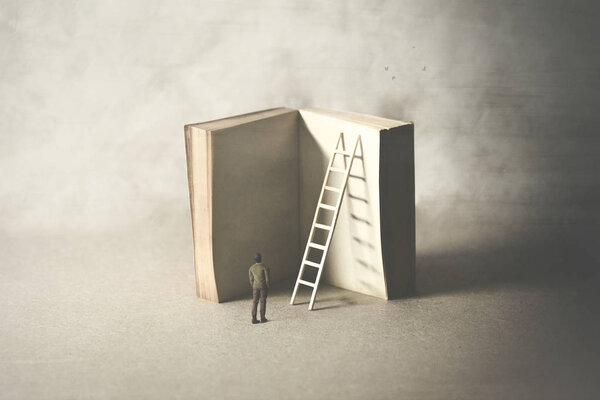 Man reaching higher knowledge level, climbing a book, surreal concept