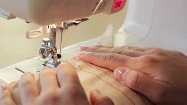 Woman Working Sewing Project She Cuts Fabric Sews Machine Sewing — Stock Video