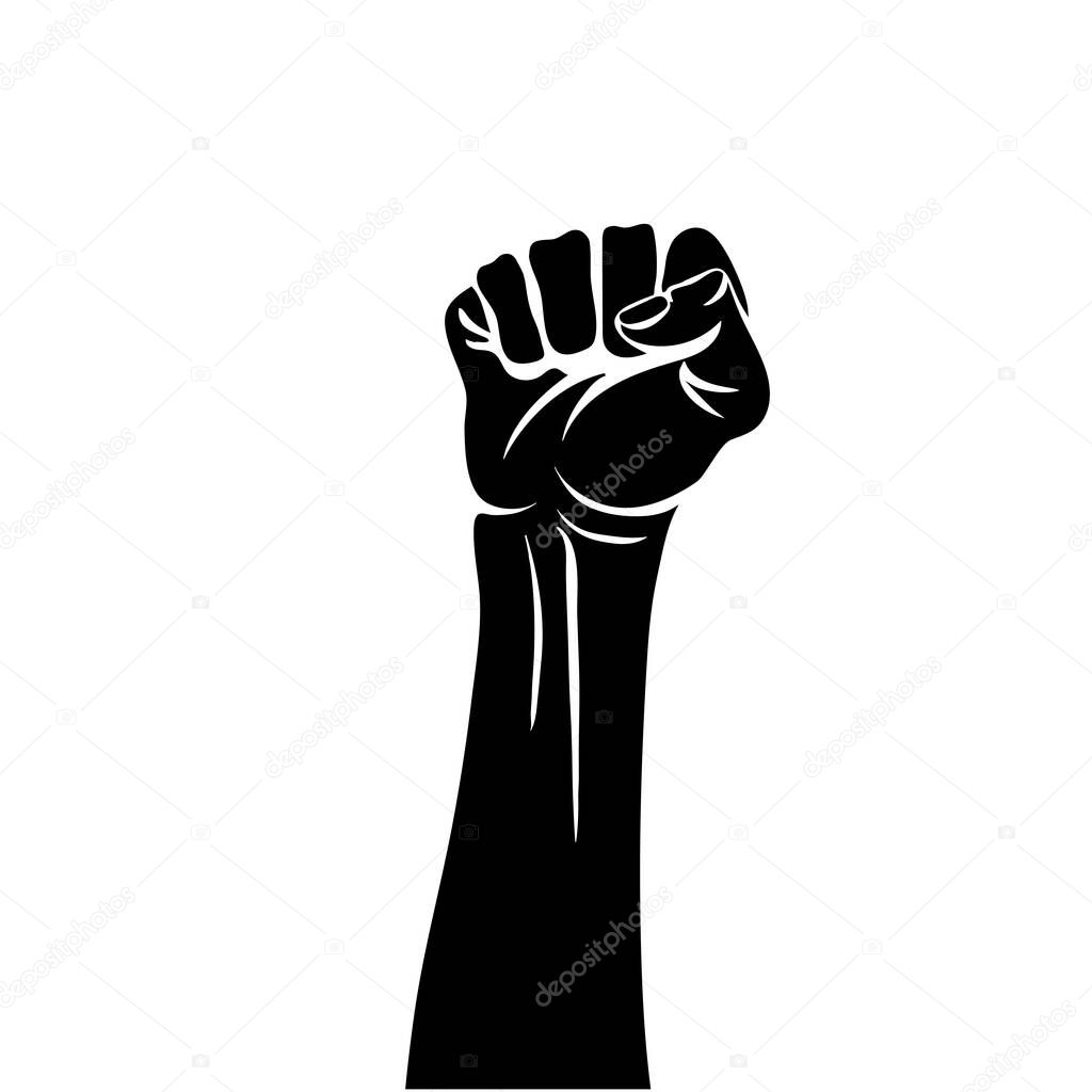 Raised black hand with clenched fist. Vector illustration isolated on white background.