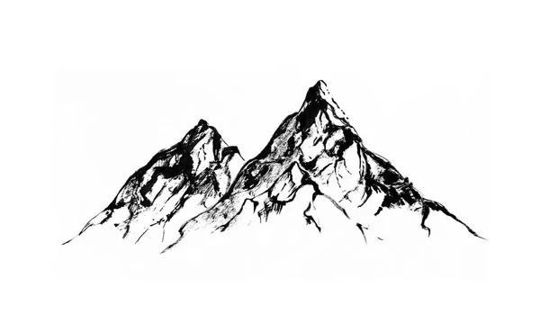 Bergen, rotsachtige toppen. geïsoleerd op wit. Met de hand getekend door borstel. Illustratie — Stockfoto
