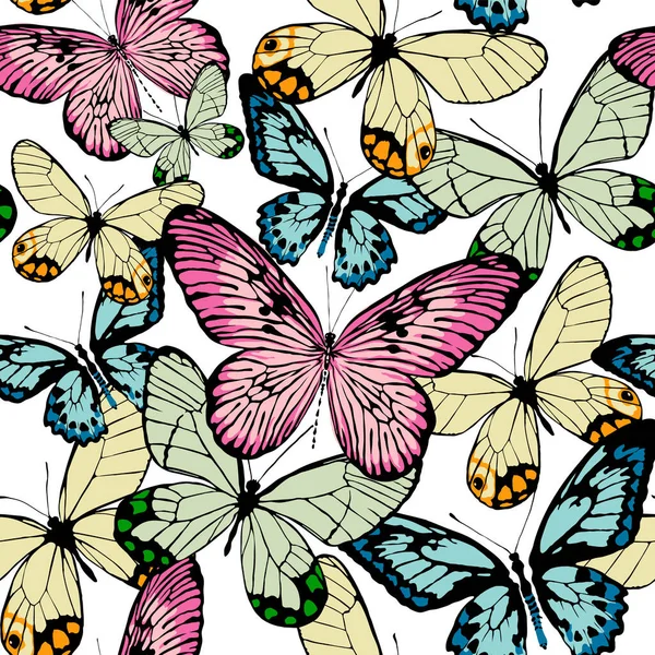 Mariposas multicolores, estilo realista aislado sobre fondo blanco. Patrón sin costura — Vector de stock