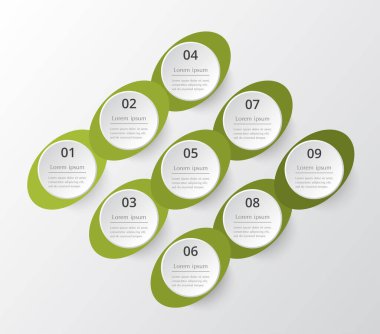 Ticari verileriniz için 9 seçenek, parça, adım veya süreç içeren bilgi tasarım ögeleri.