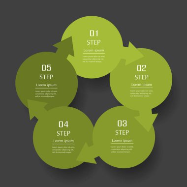 İş verileriniz için, koyu gri arkaplanda 5 seçenek, parça, adım veya süreç içeren bilgi tasarım ögeleri.
