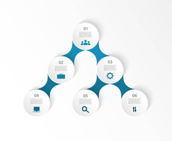 Голубая инфографика с 6 шагами, опциями, частями или процессами. Презентация командной работы или бизнес-процессов.