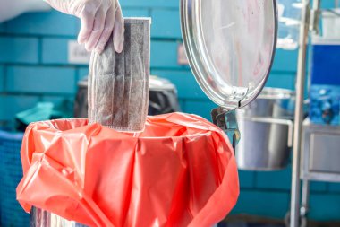 Eldiven takan el, kullanılmış ve kirli koruyucu maskeyi biyolojik tehlike çantasına koyup çöp kutusuna atıyor.