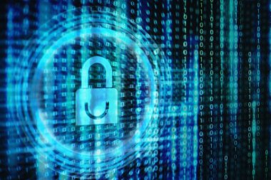 ikili kod ve asma kilit simgesi. Çift pozlama fotoğraf mavi asma kilit ve bilgisayar ekran siyah arka plan üzerine beyaz ikili bit bilgi veri görüntüleme.