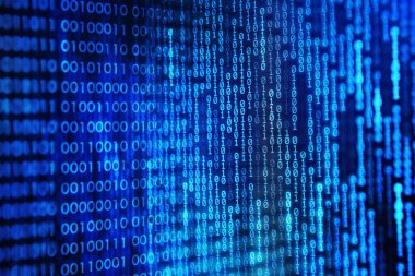 mavi ikili kod. ikili veri blokları. Blockchain kavramı. bir numara ve sıfır metin bilgisayar dijital ikili kod ile mavi arka plan bit.