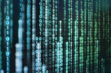 mavi ikili kod. ikili veri blokları. Blockchain kavramı. bir numara ve sıfır metin bilgisayar dijital ikili kod ile mavi arka plan bit.