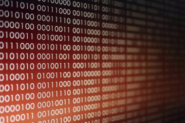 Kırmızı ikili kod. bilgisayar teknoloji arka plan. Kırmızı ikili kod bilgisayar dili veri aktarımı yapar. güvenli olmayan ve tehlikeli büyük veri ve AI yapay zeka siber ağ.