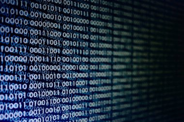 mavi ikili kod. ikili veri blokları. Blockchain kavramı. bir numara ve sıfır metin bilgisayar dijital ikili kod ile mavi arka plan bit.