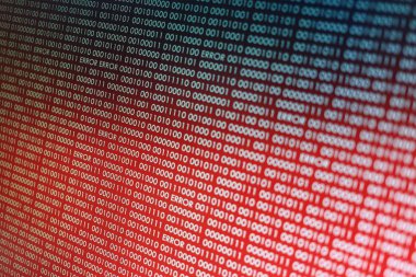 Kırmızı ikili kod. bilgisayar teknoloji arka plan. Kırmızı ikili kod bilgisayar dili veri aktarımı yapar. güvenli olmayan ve tehlikeli büyük veri ve AI yapay zeka siber ağ.