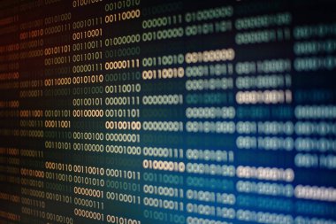 mavi ikili kod. ikili veri blokları. Blockchain kavramı. bir numara ve sıfır metin bilgisayar dijital ikili kod ile mavi arka plan bit.